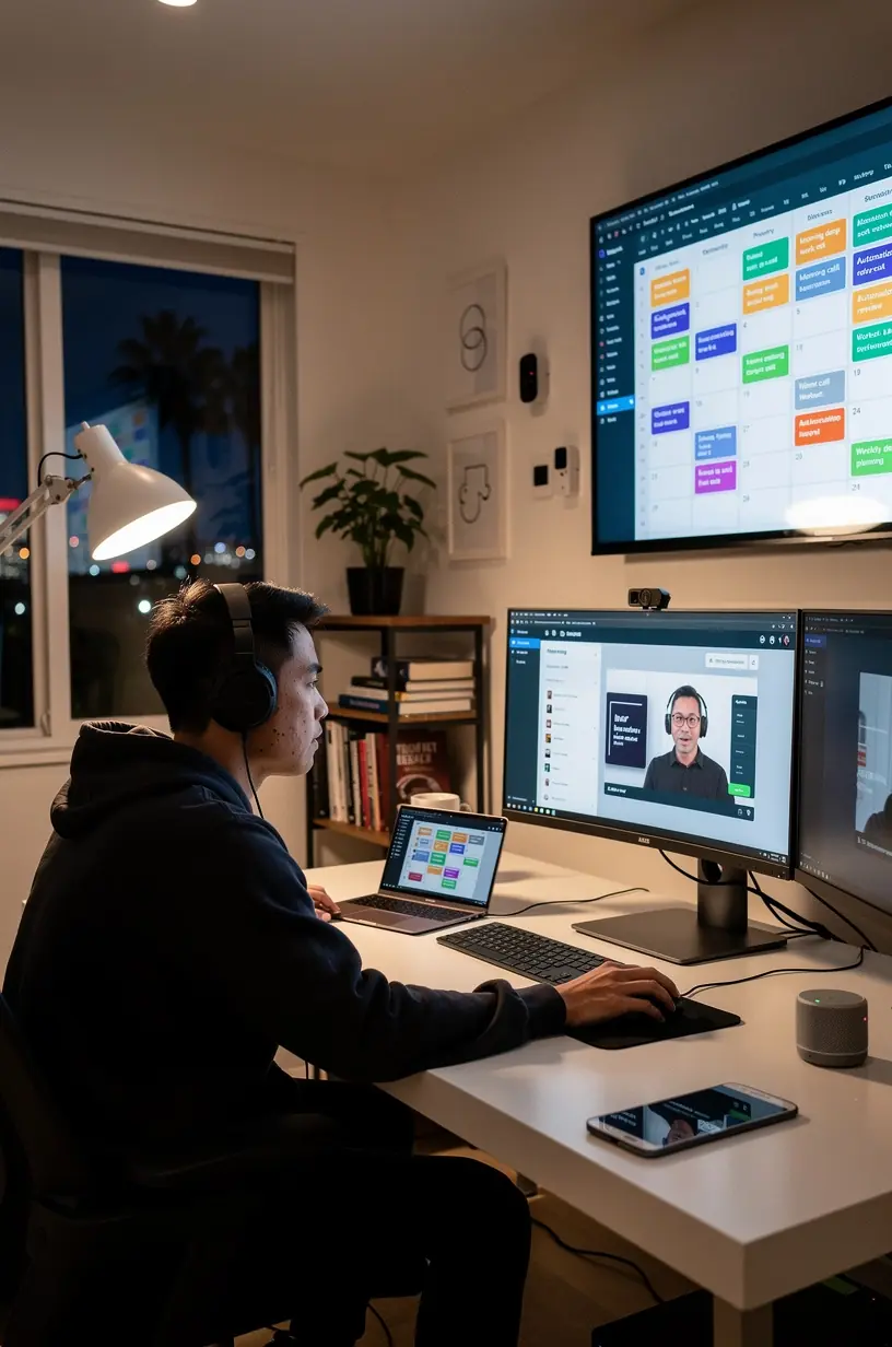 Illustration of a business professional analyzing automation workflow charts on a digital tablet.
