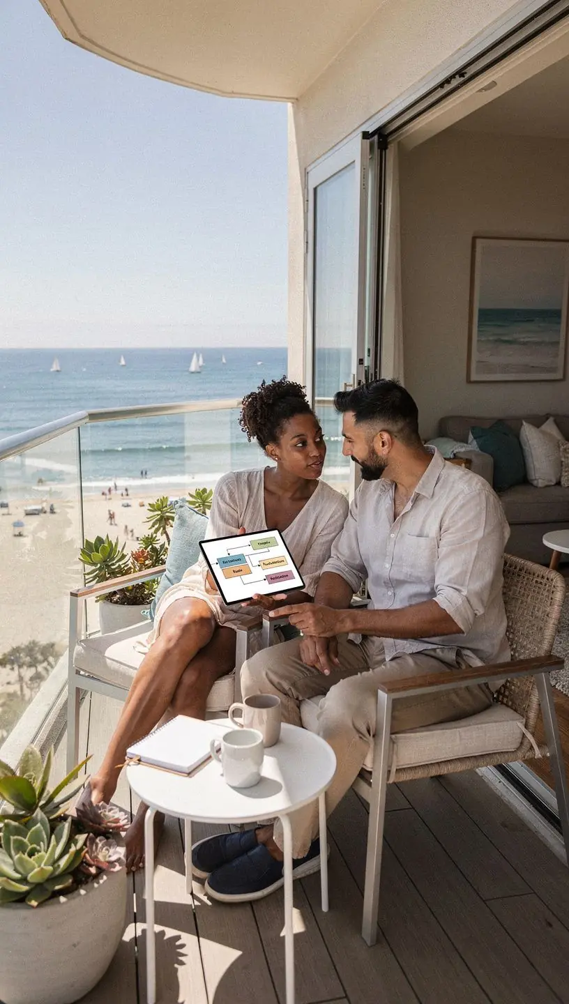 Close-up of hands typing on a laptop with graphs and automation software visible on the screen.